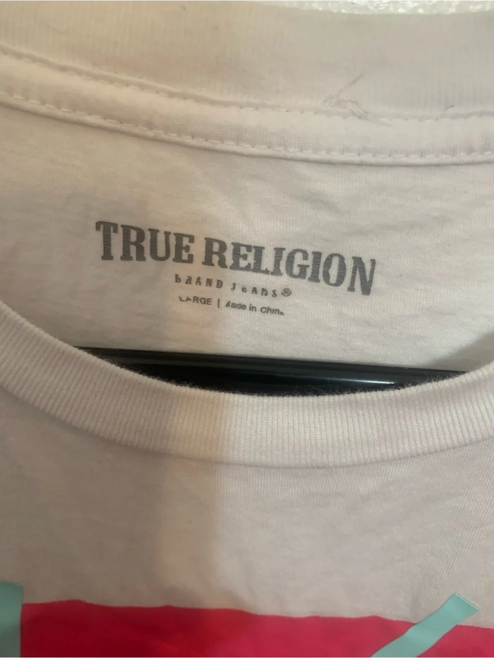 True Religion White Short-Sleeve Tee with Pink & Aqua Graphic